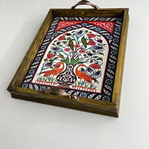 Decorative Ceramic Tray, Turkish Ceramic Serving Tray with Handle, Boho Wood Serving Tray, Table Tray, Unique Home Decor