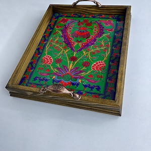 Decorative Ceramic Tray, Turkish Ceramic Serving Tray with Handle, Boho Wood Serving Tray, Table Tray, Unique Home Decor