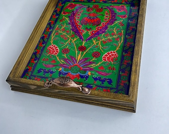 Dekoratives Keramiktablett, türkisches Keramiktablett mit Griff, Boho Holz Serviertablett, Tischtablett, einzigartiges Wohndekor