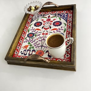 Decorative Ceramic Tray, Turkish Ceramic Serving Tray with Handle, Boho Wood Serving Tray, Table Tray, Unique Home Decor