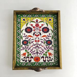 Decorative Ceramic Tray, Turkish Ceramic Serving Tray with Handle, Boho Wood Serving Tray, Table Tray, Unique Home Decor