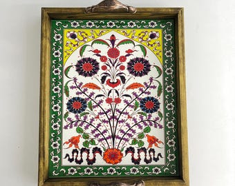 Dekoratives Keramiktablett, türkisches Keramiktablett mit Griff, Boho Holz Serviertablett, Tischtablett, einzigartiges Wohndekor