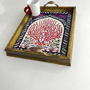 Decorative Ceramic Tray, Turkish Ceramic Serving Tray with Handle, Boho Wood Serving Tray, Table Tray, Unique Home Decor