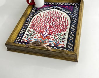 Dekoratives Keramiktablett, türkisches Keramiktablett mit Griff, Boho Holz Serviertablett, Tischtablett, einzigartiges Wohndekor