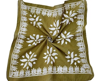 Hand Block Printed Cotton Bandana, Boho Floral Head Wrap