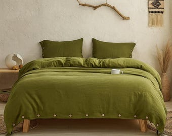 Linen Duvet Cover in Moss Green King, Queen sizes - Pure Linen Bedding & Two Pillowcase