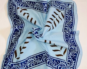 Hand-Block Printed Cotton Bandana: Boho Floral Headwrap, Blue Scarf