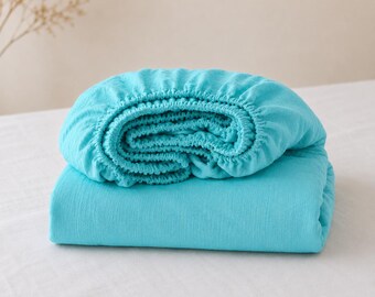 Aqua Blue linen 1 Fitted sheet Softened linen sheet Stonewashed Linen bedsheet