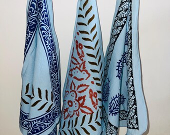 Hand Block Print Cotton Bandanas - Sky Blue Paisley Scarf Set
