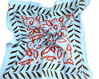 Organic Cotton Bandana, Boho Hand Block Printed Scarf, Hair/Neck Wrap