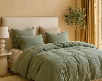 Linen Bedding Set in Dark Green.  Duvet Cover & 2 Pillowcases King, Queen, Full, sizes