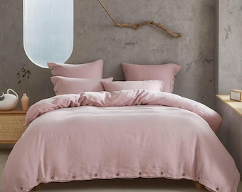 Juego de cama de lino de 3 piezas en color rosa empolvado, tamaño individual, matrimonial y queen.