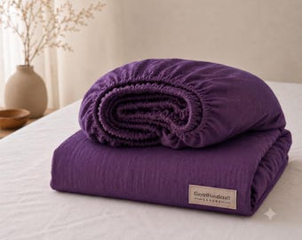 Juego de sábanas de lino orgánico morado, ropa de cama de lujo estilo bohemio de 4 piezas, sábana bajera y dos fundas de almohada a juego.