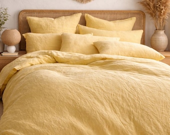 Pure Linen Duvet Cover 100% Stone Washed Linen, Yellow Bedding, Handmade Bedding Set Earthy bedroom decor