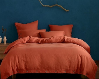 Linen Bedding in Brick Red. Duvet Cover & 2 Pillowcases Set in King Queen Sizes