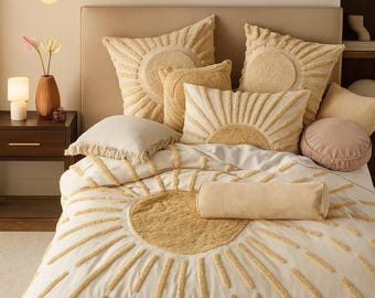 Ivory Tufted Cotton Duvet Cover Set: Boho Comforter, Pillowcases