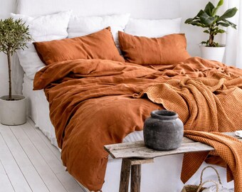 Juego de cama de lino color canela - Funda nórdica y 2 fundas de almohada - Juego de cama tamaño king en color óxido