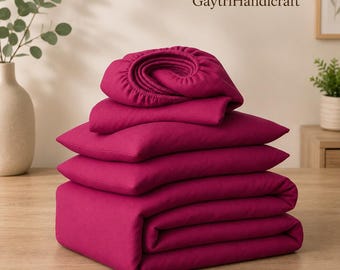 Juego de sábanas de lino en color fucsia. Sábana bajera, sábana encimera, fundas de almohada. Ropa de cama a medida. Edredón estilo boho.