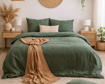 Dark Moss Green Linen Duvet Cover Set, King Queen Sizes