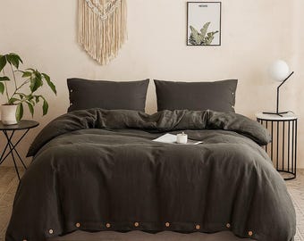 Charcoal Grey Linen Duvet Cover & Pillowcase | 100% Stonewashed Linen Bedding | Minimalist Bedroom Decor
