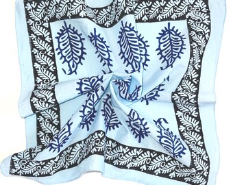 Hand Block Printed Cotton Bandana: Blue Boho Head Wrap Scarf