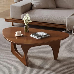 Mid Century Modern Triangle Coffee Table: Walnut Finish, Living Room Centerpiece