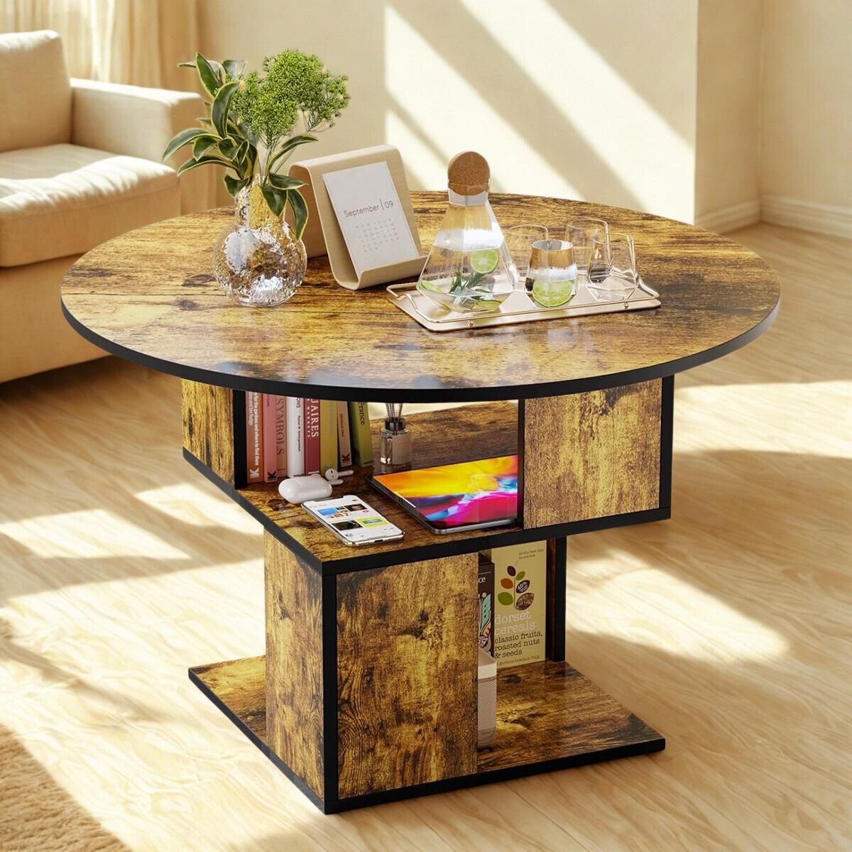 HOMFAMILIA ファームハウス 木製コーヒーテーブル ストレージ付き 素朴なインダストリアルセンター長方形テーブル スライド 並行輸入品 木製ファームハウスコーヒーテーブル、リビングルーム用ラウンド