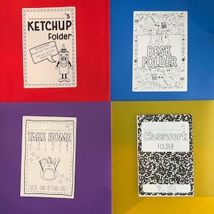 May include: Four colorful folders: red, blue, purple, and yellow. Each folder has a white label with black text and illustrations. The labels read "Ketchup Folder", "Asher's Desk Folder", "Take Home Folder", and "Classwork Folder".