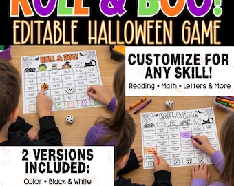 May include: A printable Halloween game titled Roll & Boo featuring a grid with math equations and text prompts. The game includes a white sheet with black illustrations of ghosts, spiders, and pumpkins, alongside dice and crayons for interactive play.