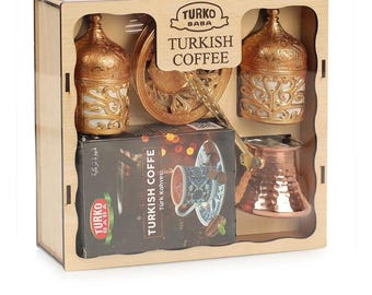 Juego de café turco personalizado: cafetera de cobre, tazas de cerámica, caja de madera.
