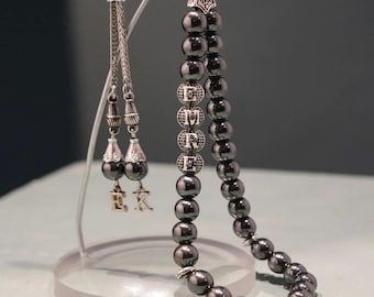 Tesbih personalizado con nombre personalizado, cuentas de oración de hematita, regalo islámico para hombres, regalo musulmán, regalo de Ramadán y Eid, regalo de Tasbih negro para él.