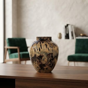 Può includere: Un vaso in vetro con corpo arrotondato e collo corto, caratterizzato da un motivo maculato di macchie marrone scuro e nere su una base beige traslucida. La superficie presenta una finitura liscia e lucida con striature verticali di pigmento.