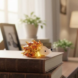 May include: A decorative glass hedgehog figurine with amber and clear accents, perched atop a stack of vintage books. The figurine has a white face and black eyes. The books are brown with gold lettering.