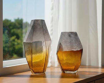 Handgeblazen glazen vaas Ambergrijze geometrische kunst