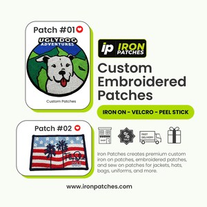 Może przedstawiać: Niestandardowe haftowane naszywki z opcjami do naprasowywania, na rzep lub do naklejania. Obraz przedstawia dwa projekty naszywek: jeden z psem, a drugi z flagą z palmami. Tekst brzmi "Uglydog Adventures" i "Golf".