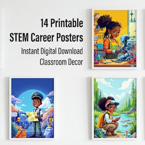 Printable STEM Kids Career Posters Set of 14 | Science Jobs Wall Art for Classroom Decor, Diverse Careers, Homeschool Teacher Resource