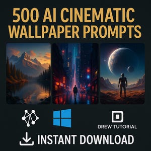 Może przedstawiać: Grafika cyfrowa z tekstem "500 AI Cinematic Wallpaper Prompts". Obraz przedstawia trzy sceny sztuki cyfrowej: krajobraz górski, ulicę miejską i scenę kosmiczną. Zawiera ikony do natychmiastowego pobrania.