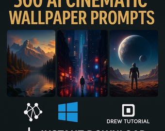 May include: Digital product graphic with the text "500 AI Cinematic Wallpaper Prompts." The image features three digital art scenes: a mountain landscape, a city street, and a space scene. Includes icons for instant download.