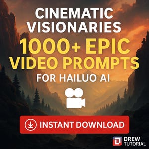 Puede incluir: Gráfico digital con el texto "CINEMATIC VISIONARIES" y "1000+ EPIC VIDEO PROMPTS FOR HAILUO AI". Un botón rojo dice "INSTANT DOWNLOAD". El fondo presenta un paisaje montañoso al atardecer.