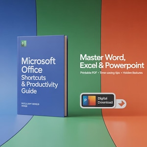 May include: A blue book titled "Microsoft Office Shortcuts & Productivity Guide" stands next to a graphic with the text "Master Word, Excel & Powerpoint." The image includes a "Digital Download" icon.