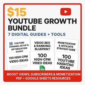 Paquete de crecimiento de YouTube / 7 guías digitales + herramientas / Aumenta las visualizaciones, los suscriptores y la monetización / PDF + recursos de Hojas de cálculo de Google