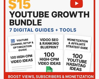YouTube Growth Bundle | 7 Digital Guides + Tools | Boost Views, Subscribers & Monetization | PDF + Google Sheets Resources