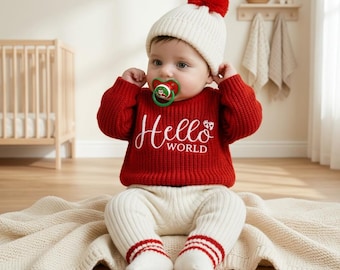 Conjunto navideño para bebé recién nacido: suéter de punto rojo con pantalones a rayas y gorro.