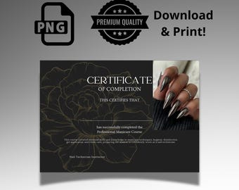 Vorlage für ein Zertifikat für Nageldesign-Kurse | Druckbares Diplom für Nageldesigner/innen | Zertifikat für Maniküre-Ausbildung | Digitaler Download für Kosmetikschulen