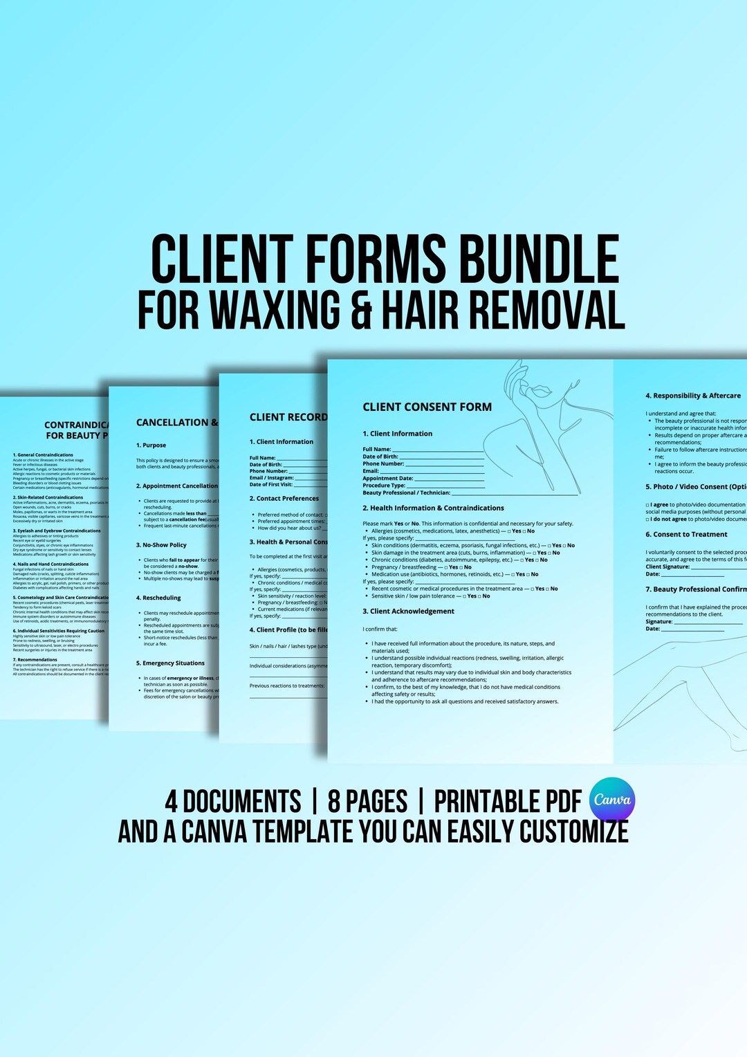 Professional Client Forms for Waxing & Hair Removal | Canva Template - Etsy