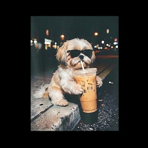 May include: A small, light-brown dog wearing sunglasses and drinking iced coffee from a clear plastic cup with a straw. The dog is sitting on a concrete ledge at night, with blurred city lights in the background.