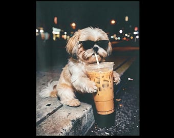 Goldendoodle drinking iced coffee PNG, funny retro prehistoric dog meme, instant download