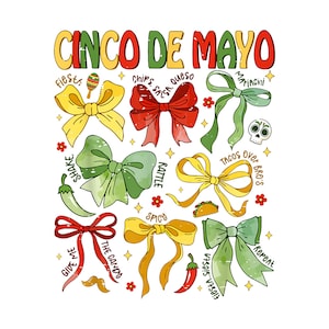 Puede incluir: Ilustración con temática del Cinco de Mayo con lazos coloridos, chiles y una calavera. El texto incluye frases como "Fiesta", "Chips & Queso" y "Tacos Over Bros". El diseño es festivo y celebratorio.