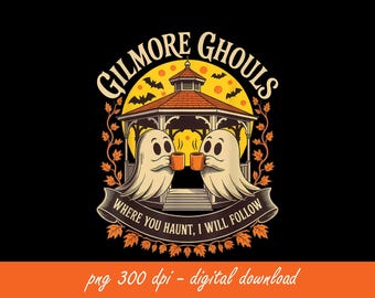 Op de afbeelding: Een Halloween-afbeelding met twee cartoongeesten die bekers vasthouden voor een prieel. Het ontwerp bevat de tekst "GILMORE GHOULS" en "WHERE YOU HAUNT, I WILL FOLLOW", vleermuizen, herfstbladeren en een gele maan.