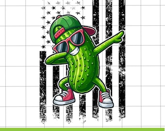 Dabbing Pickle PNG, Retro American Flag Pickle Design, Funny Cucumber Graphic for Boys Kids Shirt, Patriotic Food Clipart Instant Download